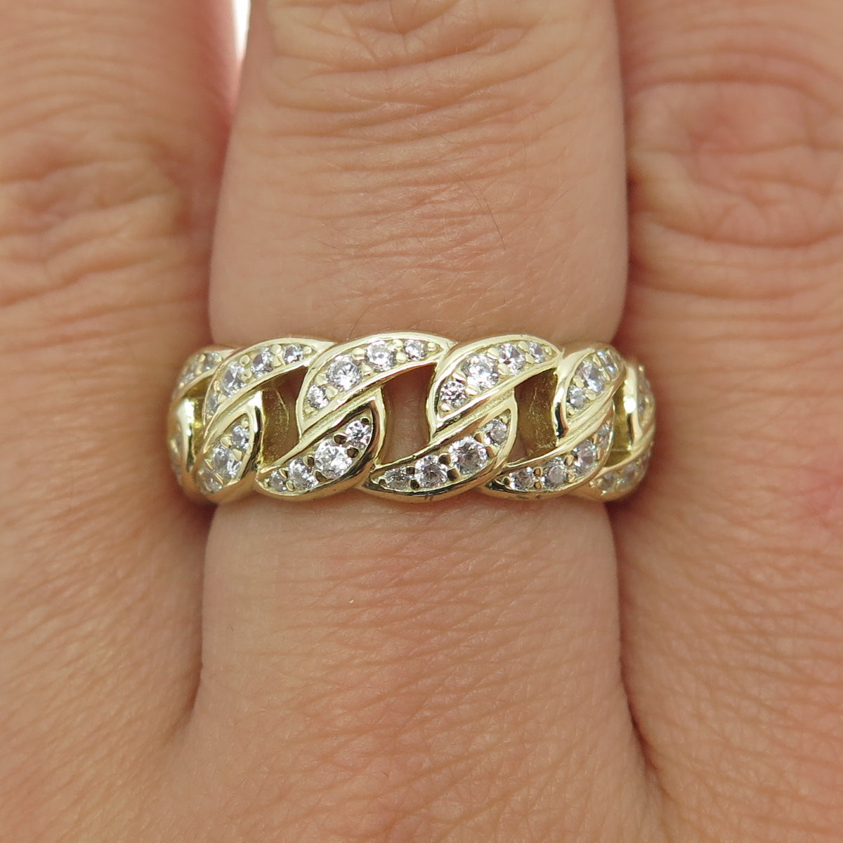 LER 925 Sterling Silver Gold Plated Round-Cut C Z Curb Link Ring Size 8