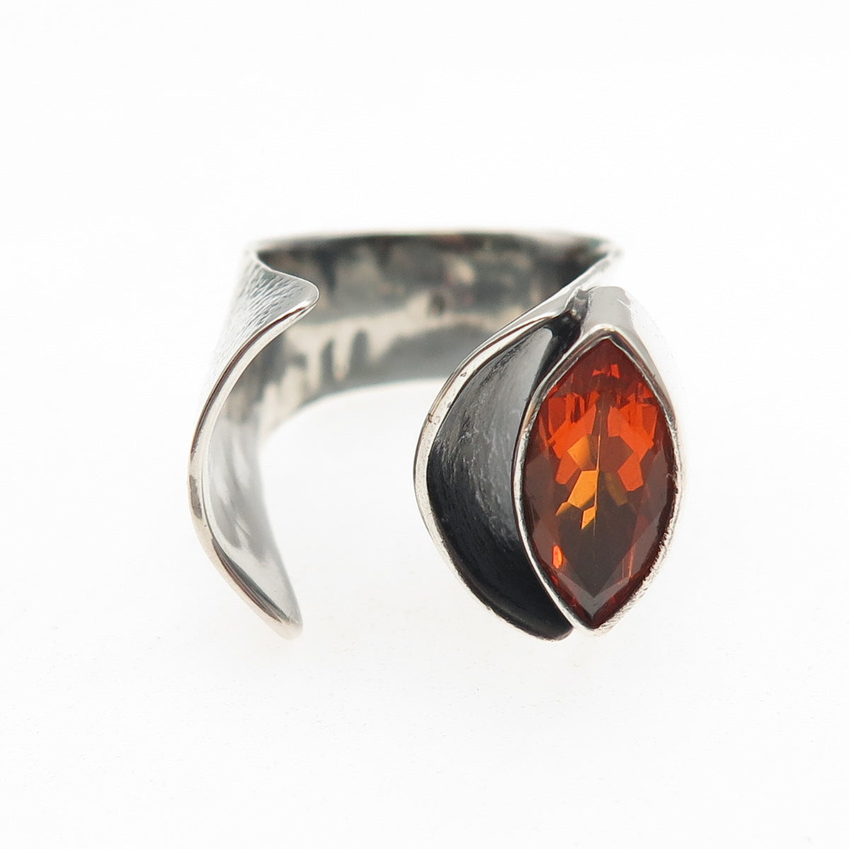 925 Sterling Silver Vintage Real Fire Opal Modernist Adjustable Ring Size 7.5
