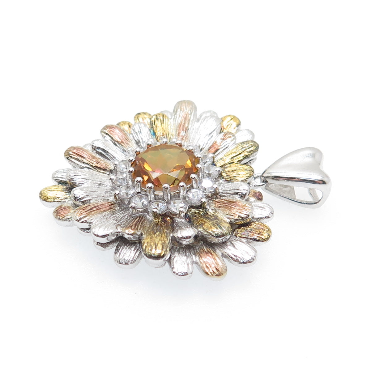 CHUCK CLEMENCY Sterling Silver 3-Tone Real Fire Quartz C Z Flower Heart Pendant