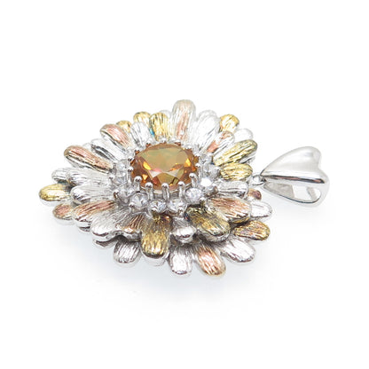 CHUCK CLEMENCY Sterling Silver 3-Tone Real Fire Quartz C Z Flower Heart Pendant