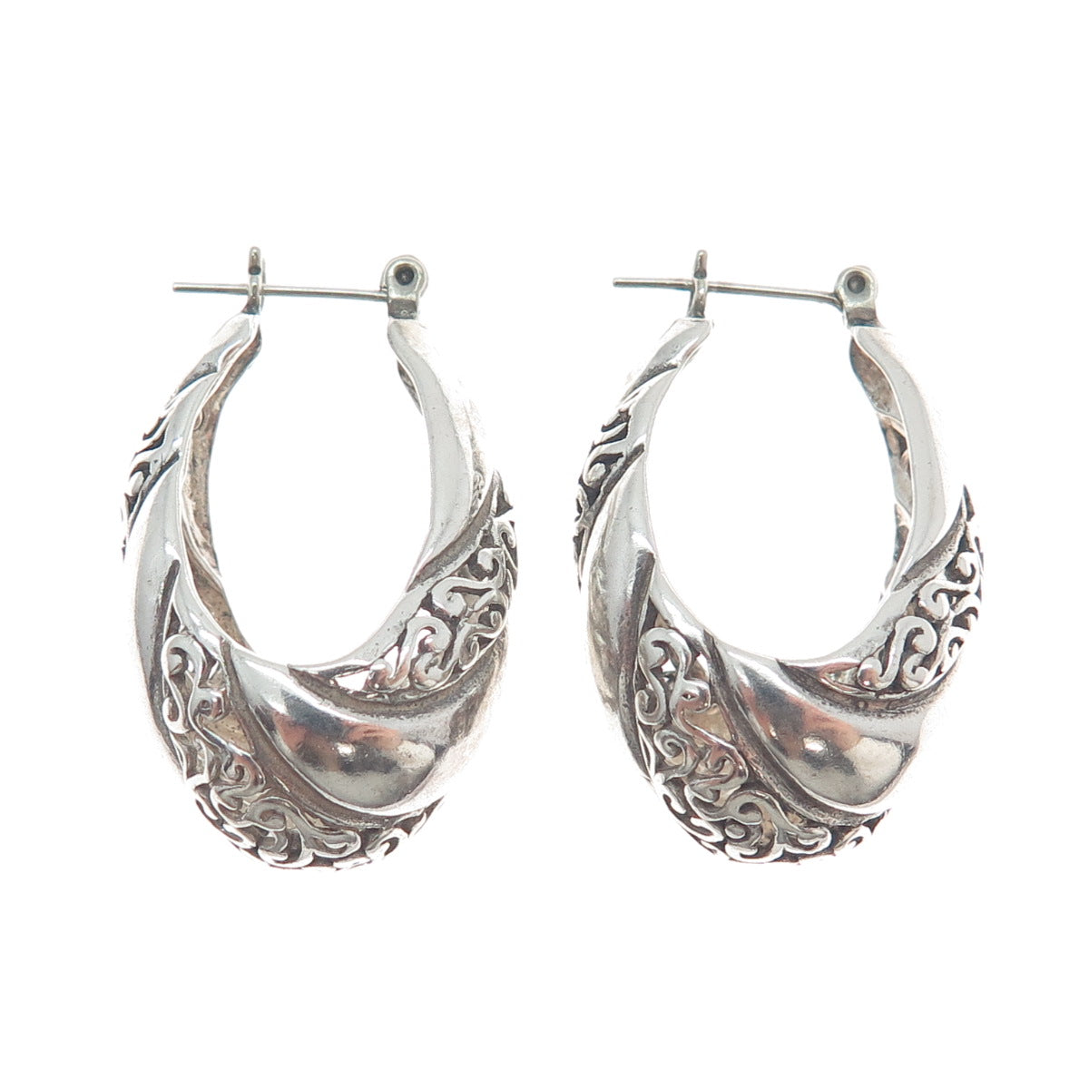 JEZLAINE 925 Sterling Silver Vintage Oxidized Ornate Heart Hoop Earrings