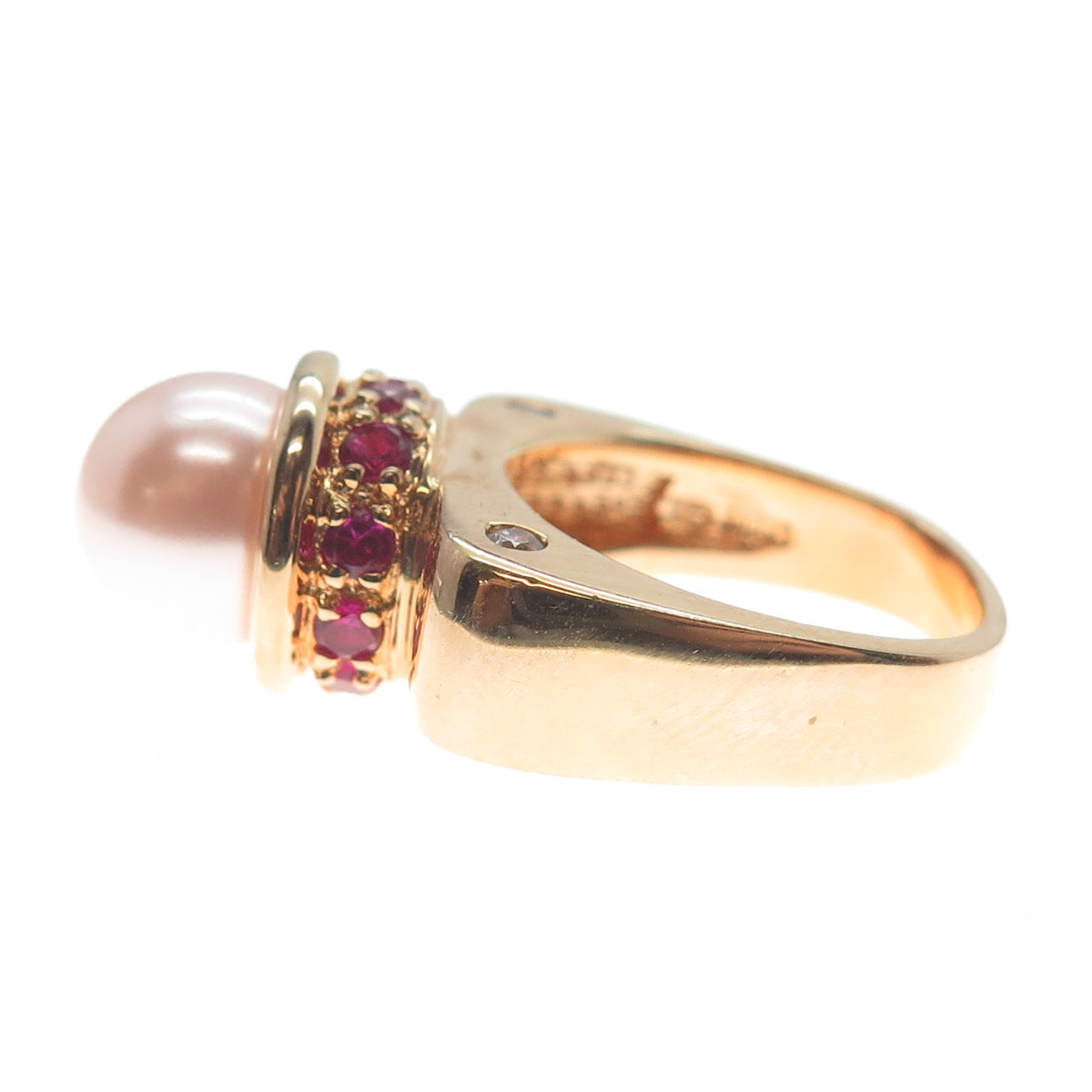 ROSS SIMONS Sterling Gold Plated Faux Pearl Lab-Created Ruby C Z Ring Size 6.25