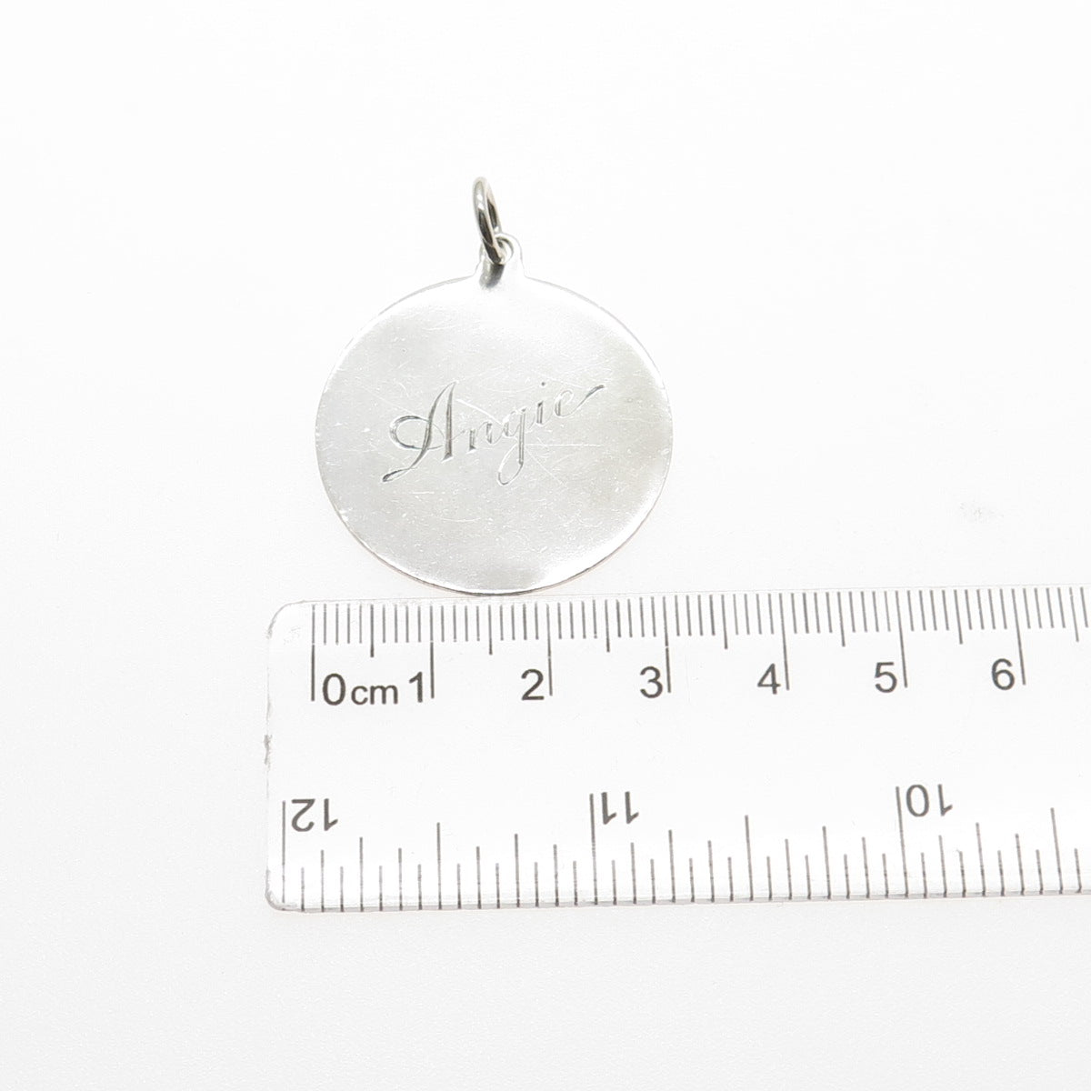 925 Sterling Silver Vintage Engraved Angie Round Tag Charm Pendant