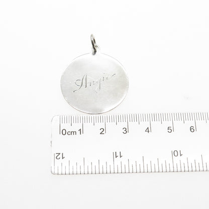 925 Sterling Silver Vintage Engraved Angie Round Tag Charm Pendant