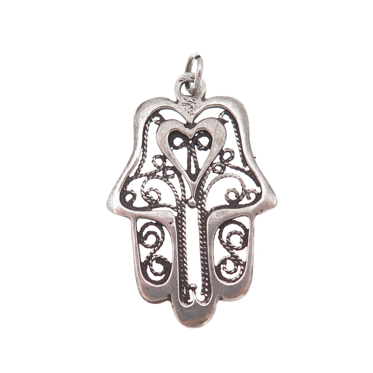 925 Sterling Silver Vintage Heart Hamsa Amulet Filigree Oxidized Charm Pendant