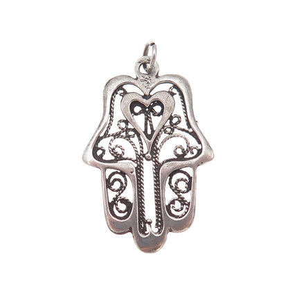 925 Sterling Silver Vintage Heart Hamsa Amulet Filigree Oxidized Charm Pendant