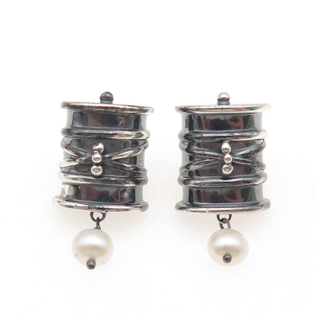 DAC Deborah Armstrong 925 Sterling Silver Vintage Real Pearl Modernist Earrings