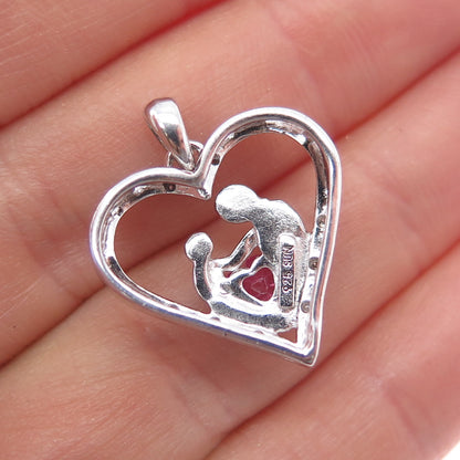 SUN Sterling Silver Real Diamond Pink Sapphire Mom & Child Heart Charm Pendant
