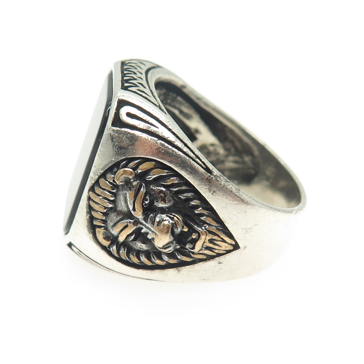 925 Sterling Silver Vintage Real Black Onyx Lion Signet Ring Size 11.25