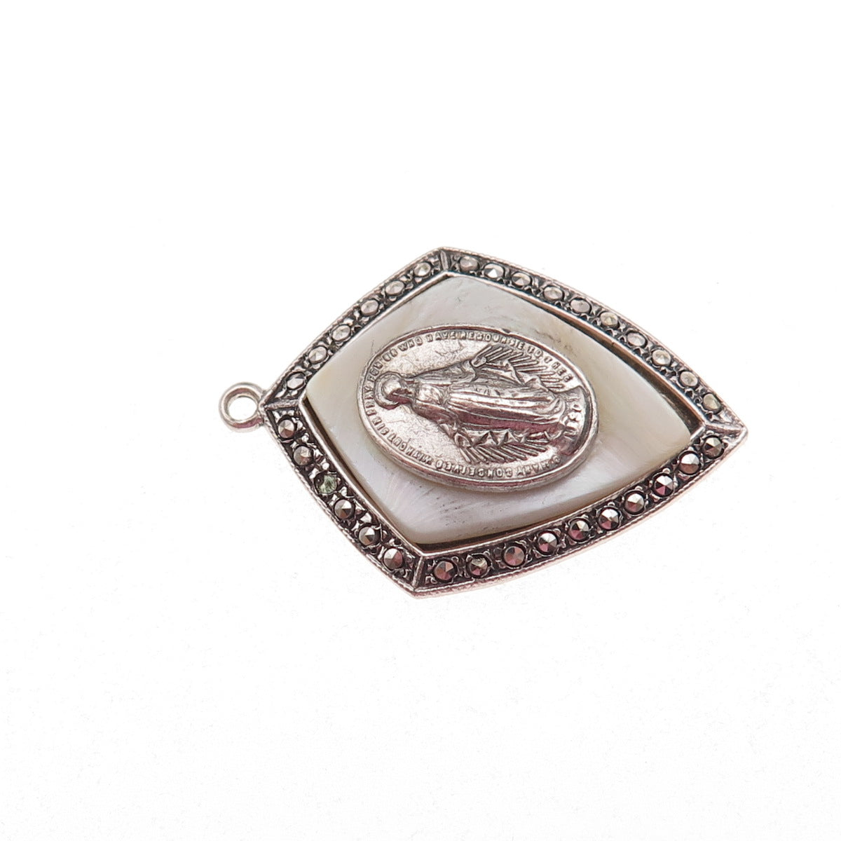 925 Sterling Silver Antique Art Deco Real MOP & Marcasite St. Mary Charm Pendant