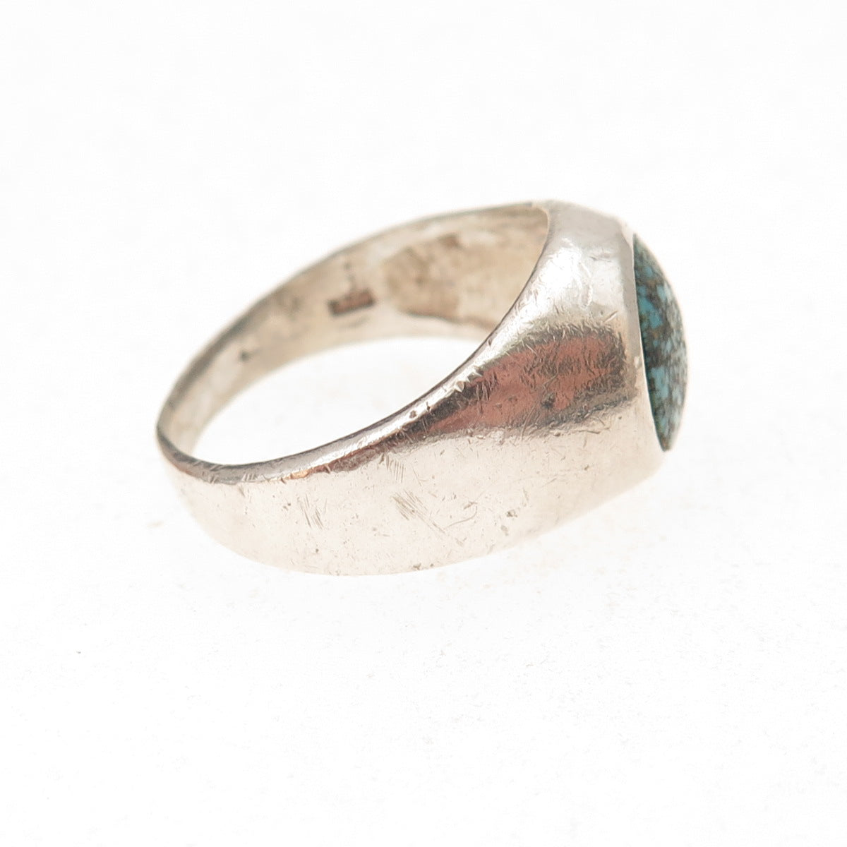 925 Sterling Silver Vintage Real Peacock Turquoise Signet Ring Size 8.25