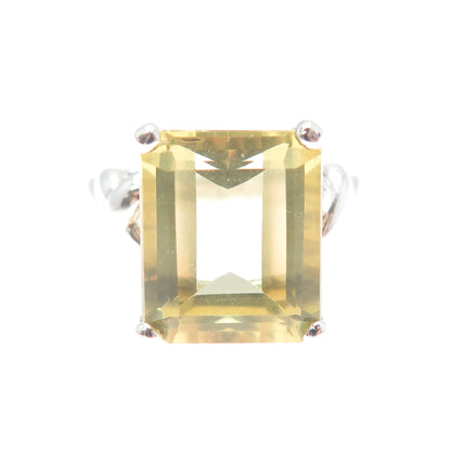 925 Sterling Silver Vintage Real Emerald-Cut Lime Citrine Ring Size 5.75