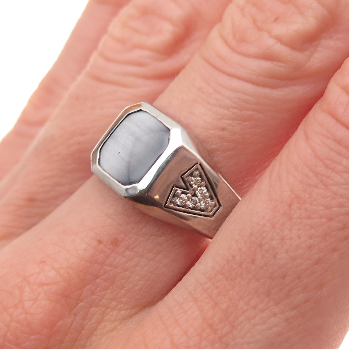 Dason 925 Sterling Silver Vintage Real Diamond & Cat's Eye Ring Size 10.75