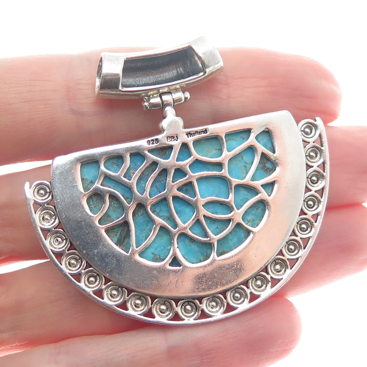925 Sterling Silver Vintage Real Lone Mountain Turquoise Beaded Slide Pendant