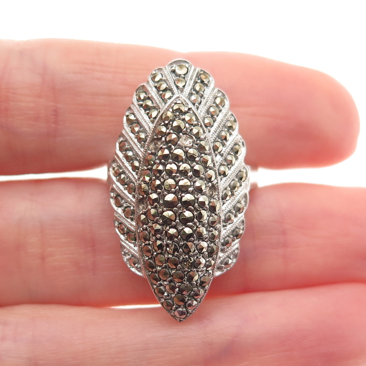 925 Sterling Antique Art Deco Real Marcasite Ring Size 7.25 (missing 3 stones)