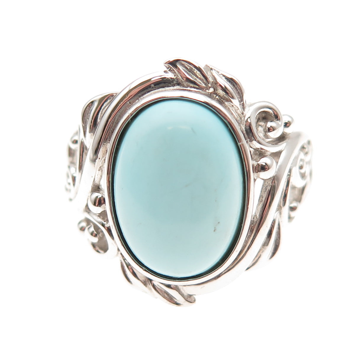 925 Sterling Silver Real Cabochon Tyrone Turquoise Floral Ring Size 8.25
