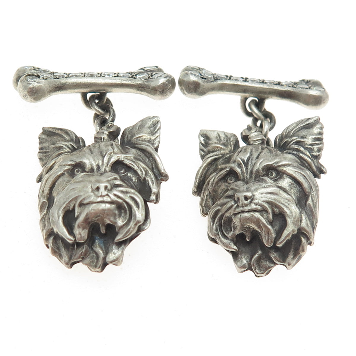 925 Sterling Silver Vintage Real Round-Cut Diamond Yorkshire Terrier Cufflinks