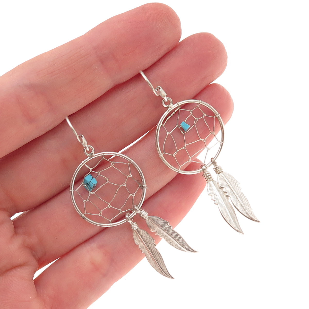 Old Pawn 925 Sterling Silver Vintage Turquoise Dreamcatcher Dangle Earrings