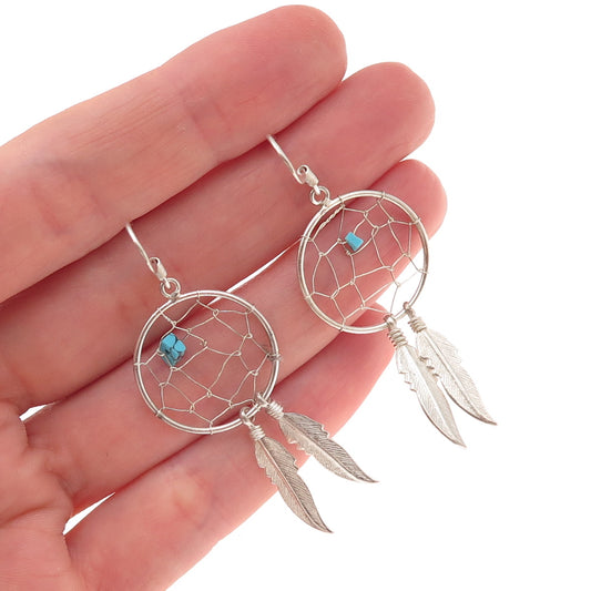 Old Pawn 925 Sterling Silver Vintage Turquoise Dreamcatcher Dangle Earrings