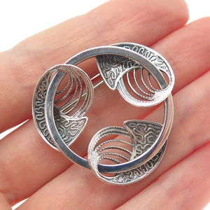 BEAU 925 Sterling Silver Vintage Modernist Filigree Floral Oxidized Pin Brooch