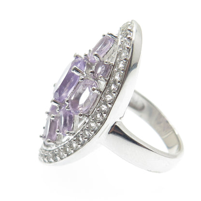 925 Sterling Silver Real Amethyst & White Topaz Cluster Ring Size 7