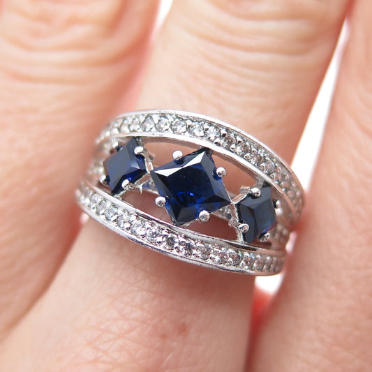 925 Sterling Silver Princess-Cut Lab-Created Sapphire & C Z Ring Size 6.25