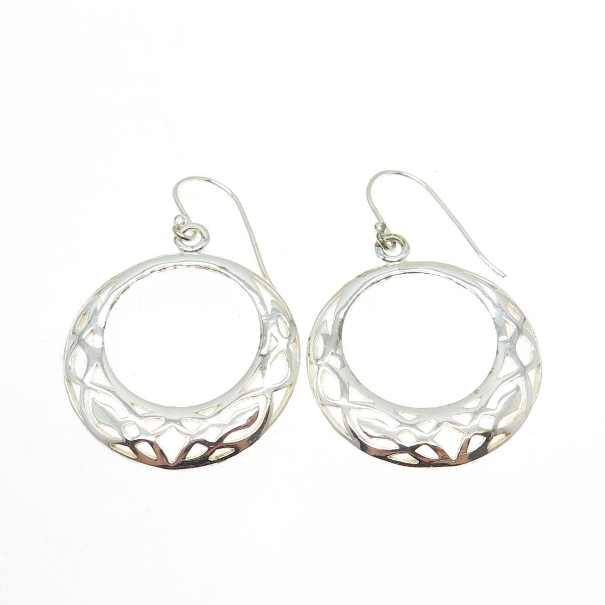 925 Sterling Silver Ornate Crescent Circle Dangle Earrings