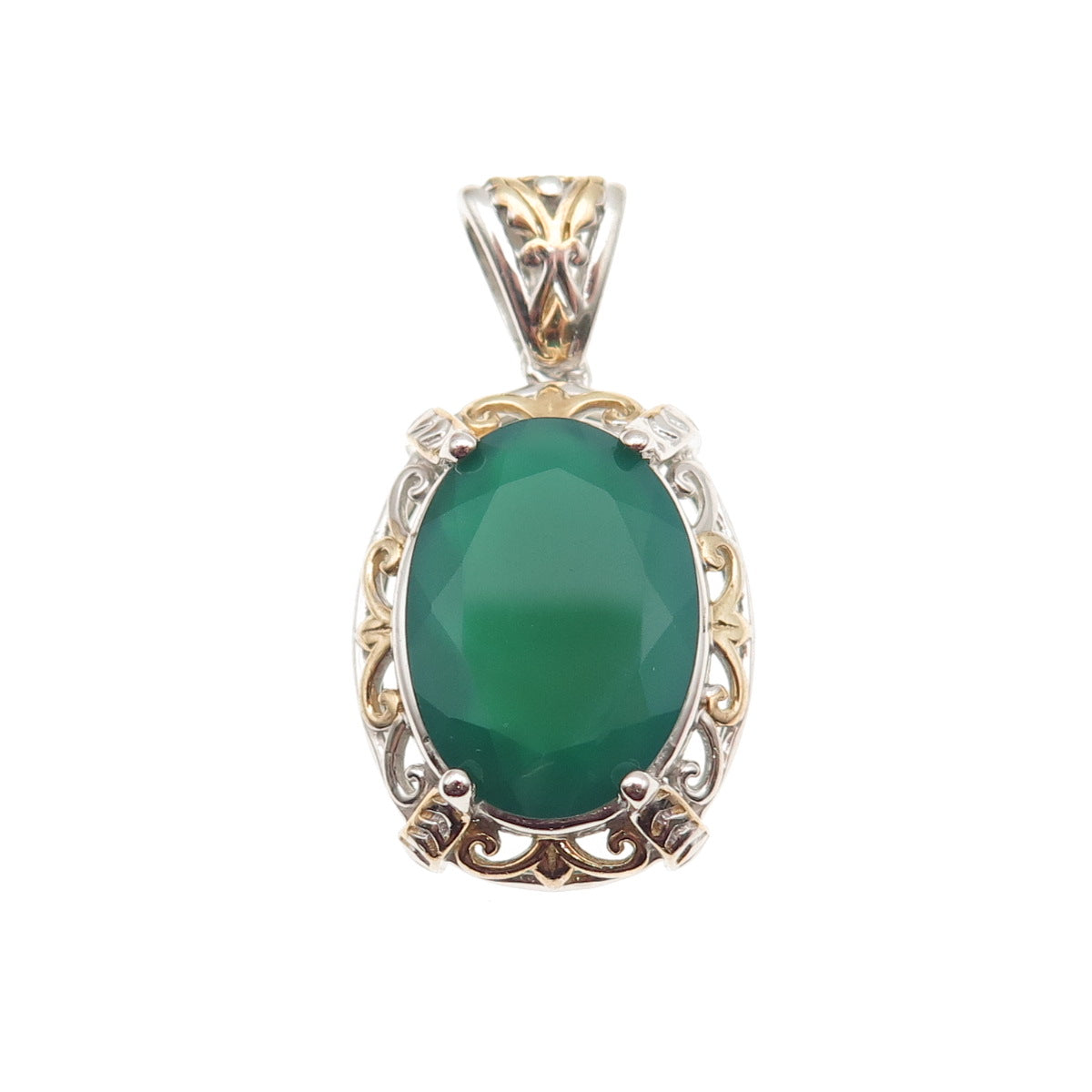 Chuck Clemency & Karis 2-Tone Real Green Onyx Floral Pendant