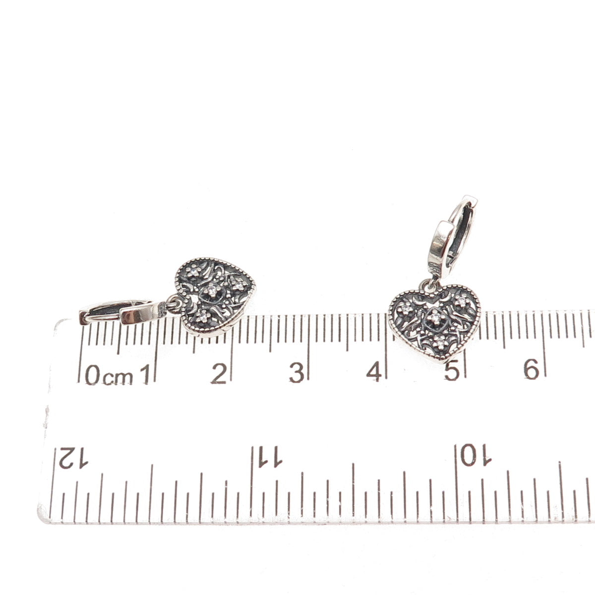 925 Sterling Silver Vintage C Z Heart Oxidized Dangle Earrings