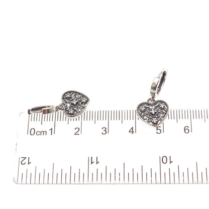 925 Sterling Silver Vintage C Z Heart Oxidized Dangle Earrings