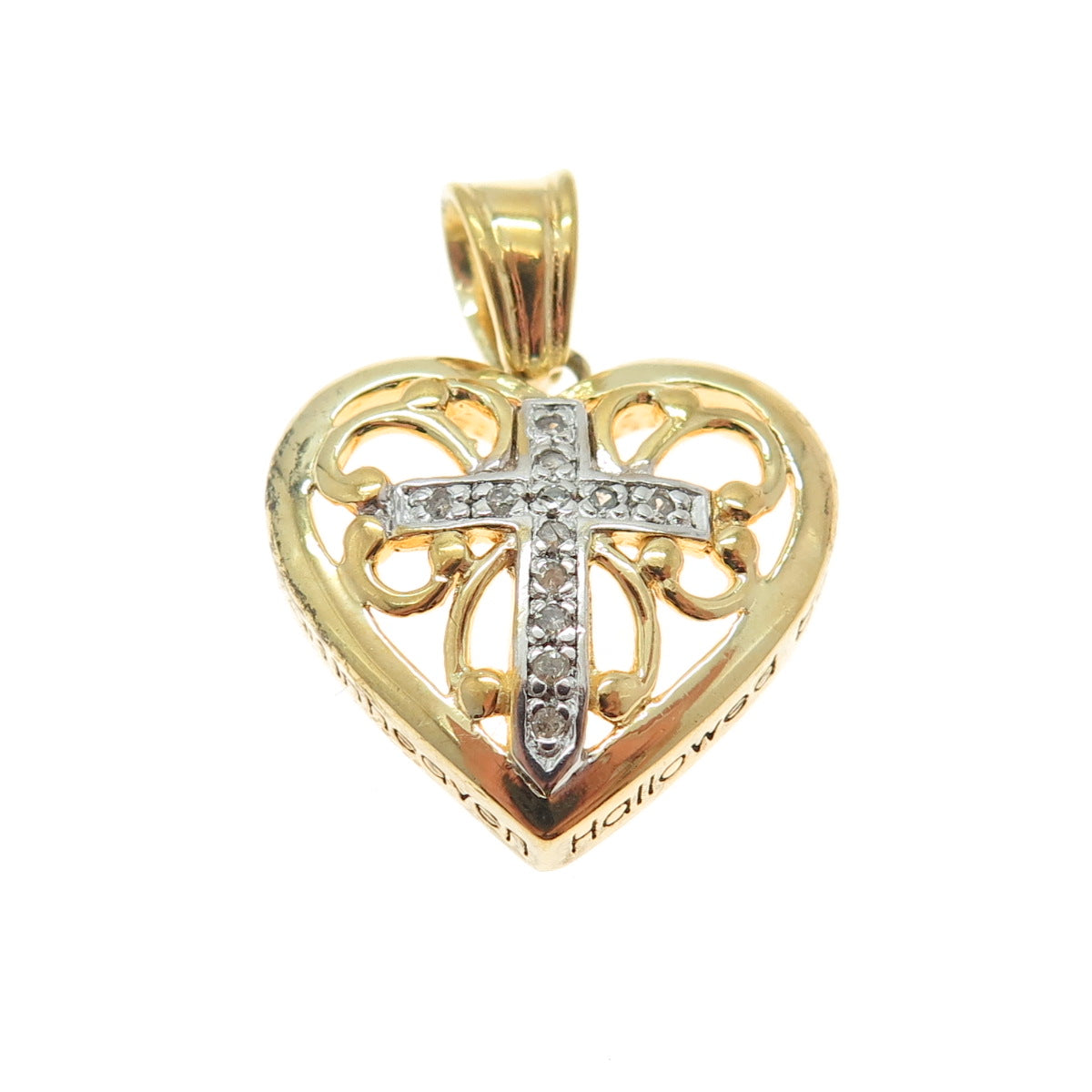 925 Sterling Silver Gold Plated Real Round-Cut Diamond Heart Cross Pendant