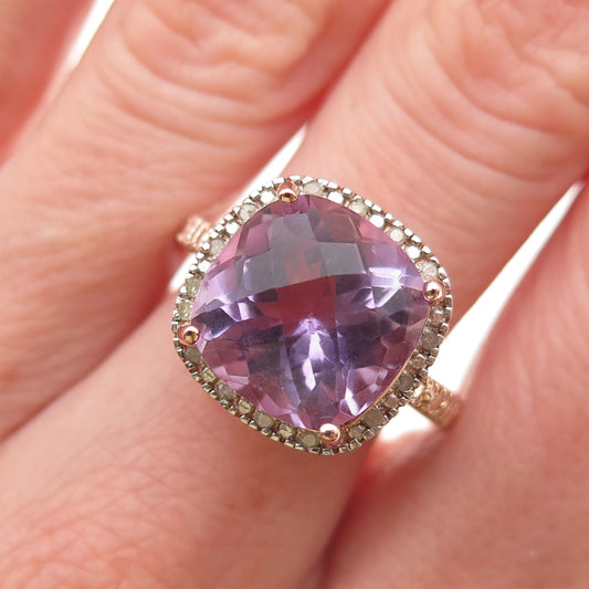 925 Sterling Silver Rose Gold Plated Real Diamond & Amethyst Ring Size 8