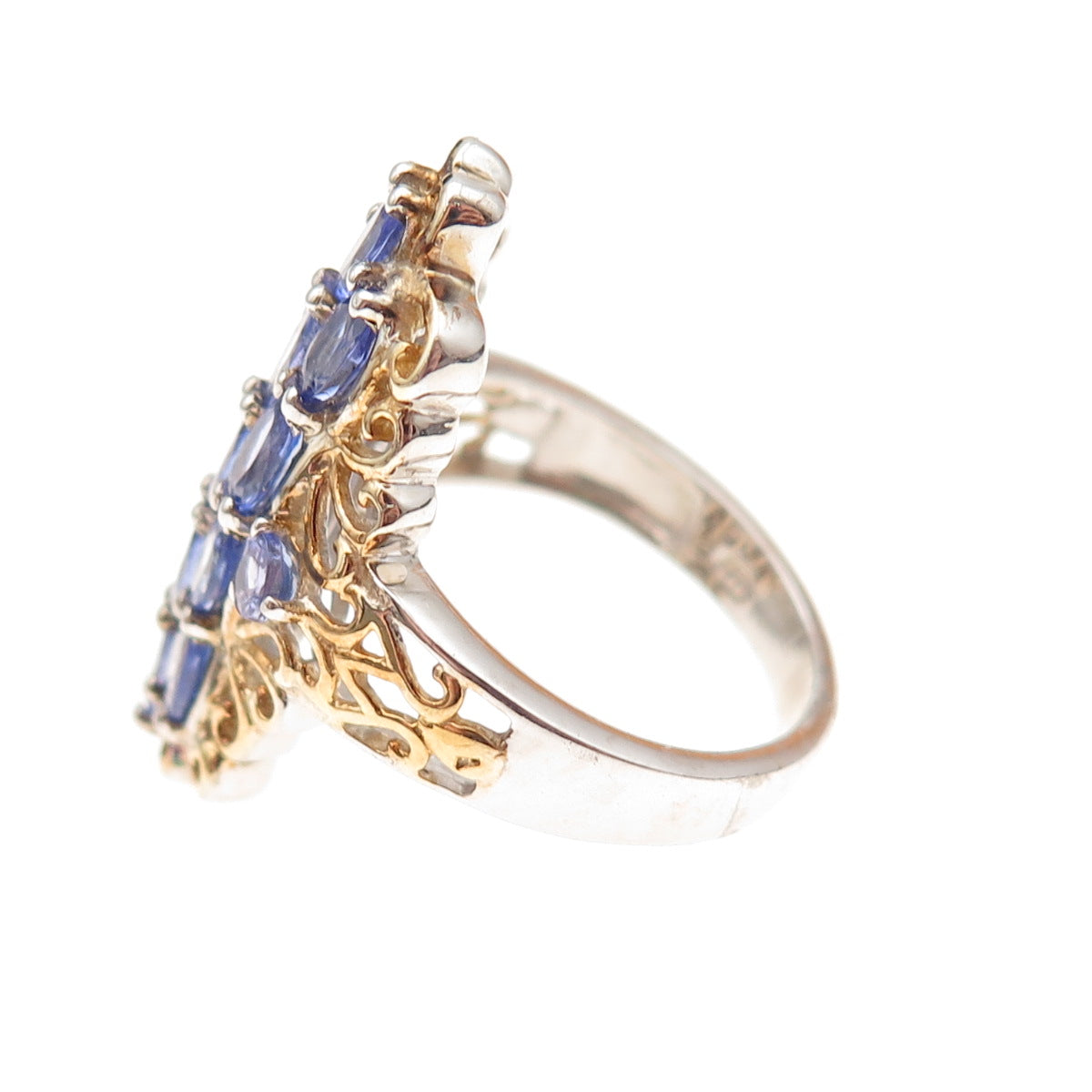 Chuck Clemency 925 Sterling Silver 2-Tone Real Tanzanite Floral Ring Size 8.25