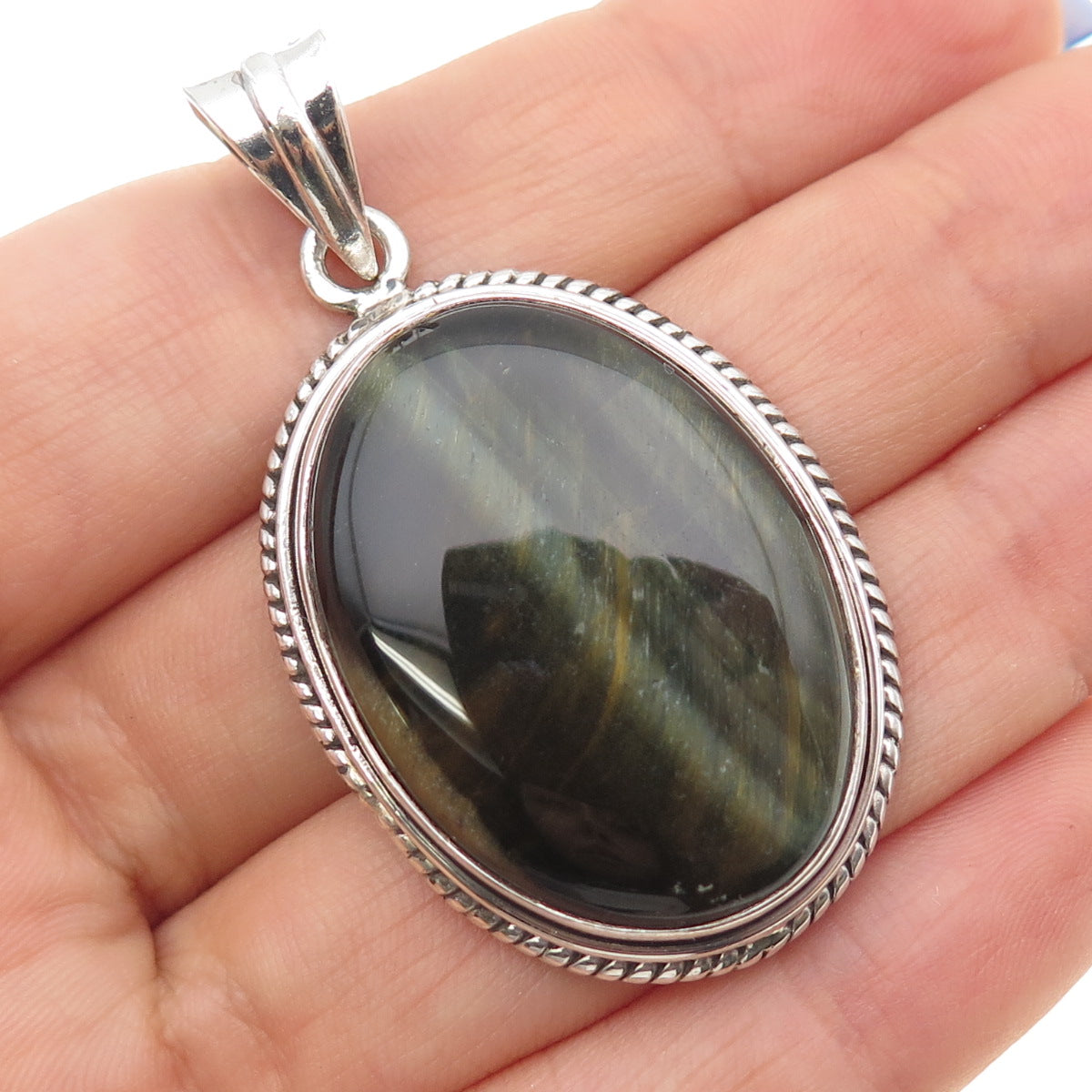 925 Sterling Silver Vintage Real Cabochon Tiger Eye Charm Pendant
