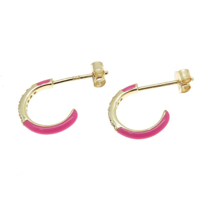 925 Sterling Silver Gold Plated Enamel Round-Cut C Z Hoop Earrings