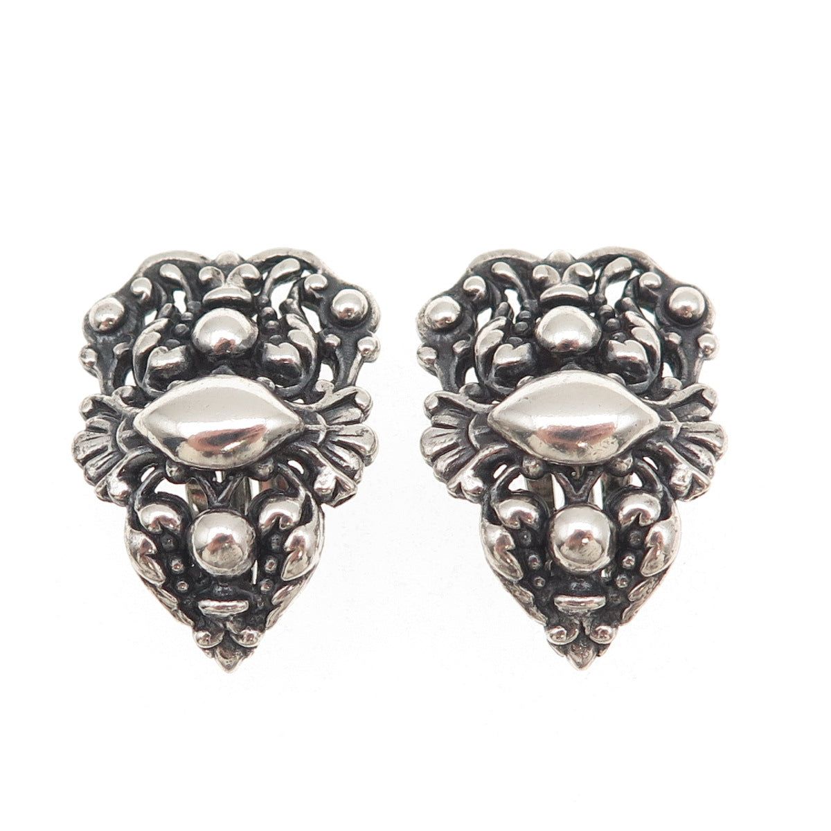 925 Sterling Silver Antique Art Deco Floral Oxidized Clip On Earrings