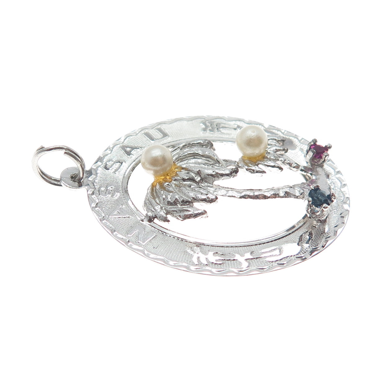 CREA 925 Sterling Silver Vintage Real Pearl Rhinestone Nassau Palm Tree Pendant