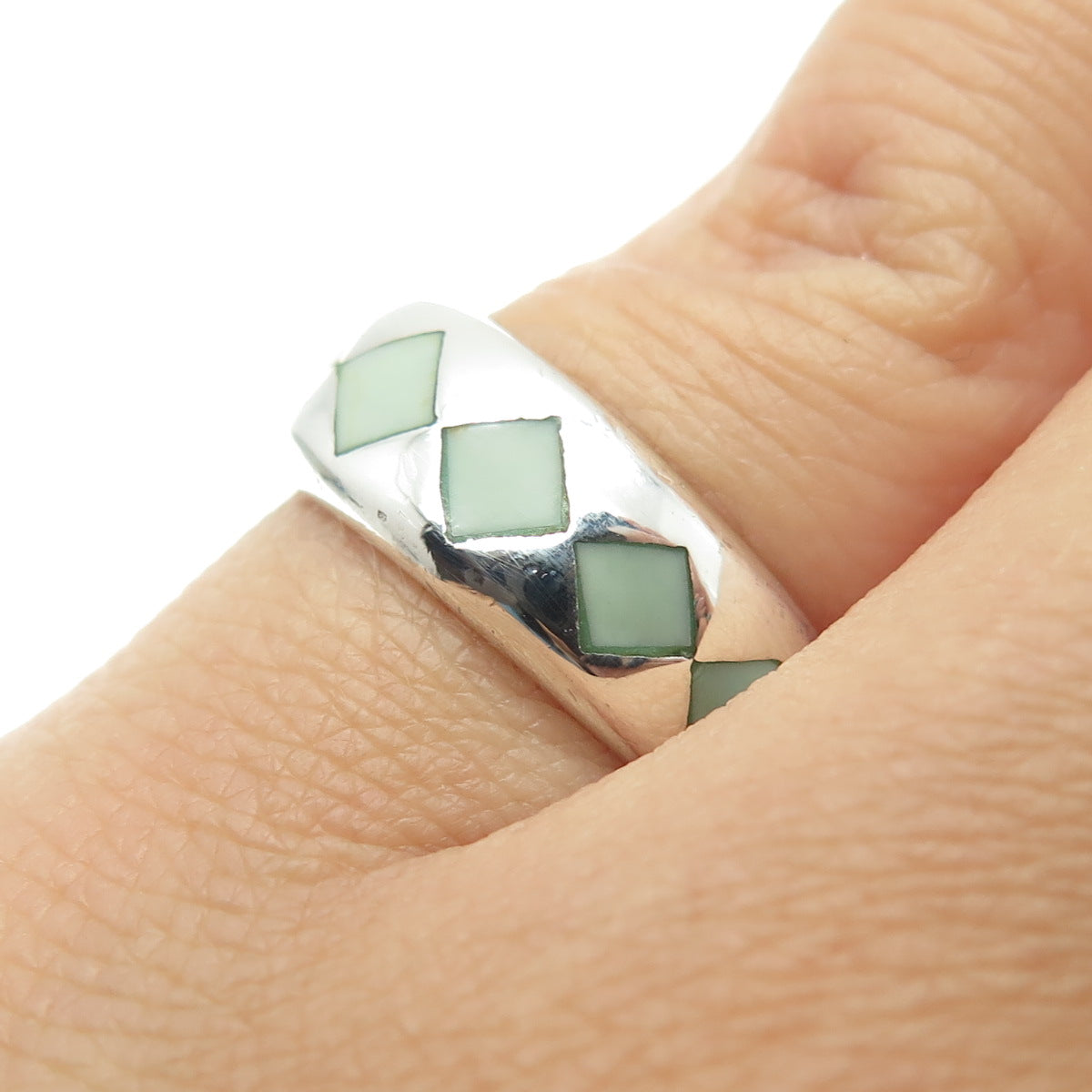 925 Sterling Silver Vintage Real Turquoise Gemstone Checkered Ring Size 5.75