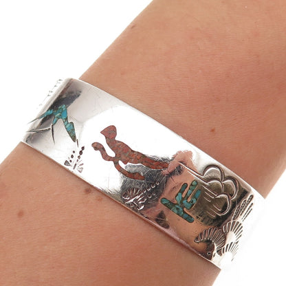 Old Pawn 925 Sterling Turquoise Coral Inlay Roadrunner Adjustable Bracelet 6.25"