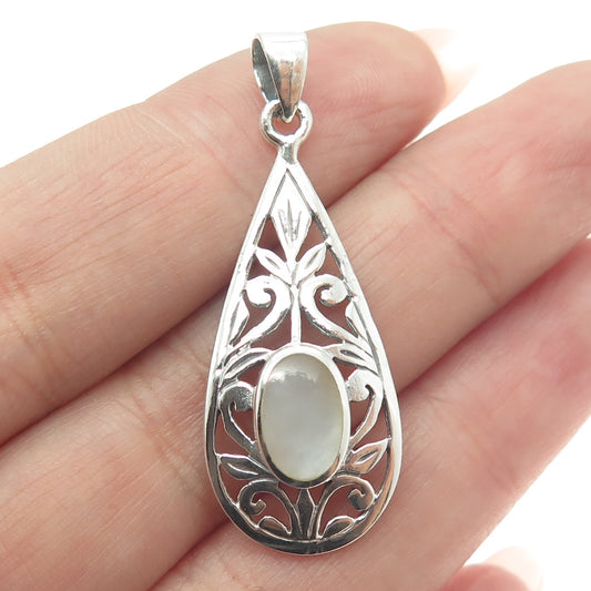 925 Sterling Silver Vintage Real Mother-of-Pearl Floral Scroll Teardrop Pendant