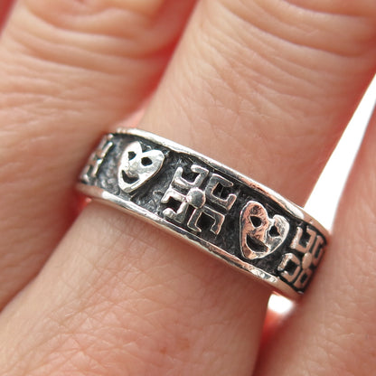 925 Sterling Silver Vintage Heart Face Sun Symbol Oxidized Band Ring Size 7