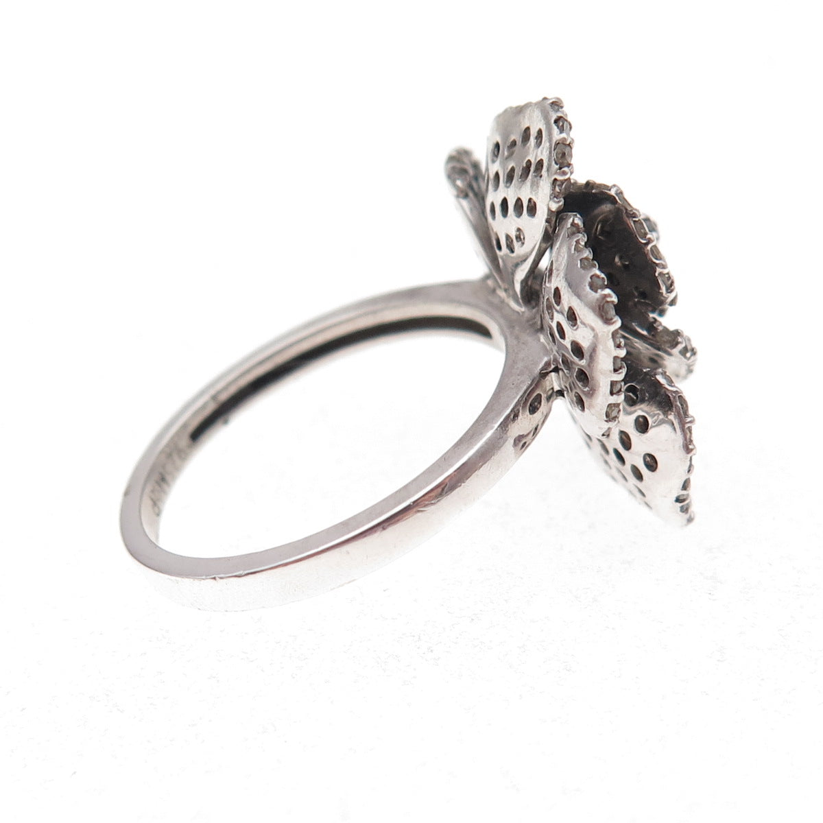 925 Sterling Silver Real Black & White Diamond Rose Floral Ring Size 7