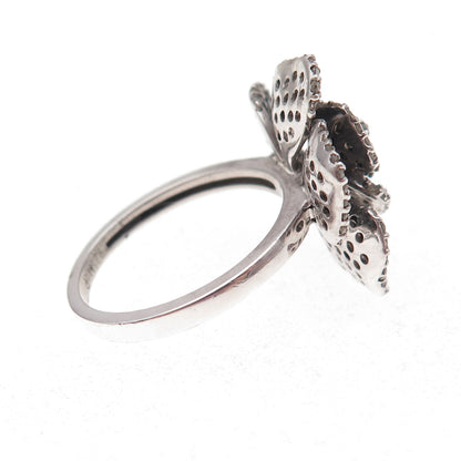 925 Sterling Silver Real Black & White Diamond Rose Floral Ring Size 7