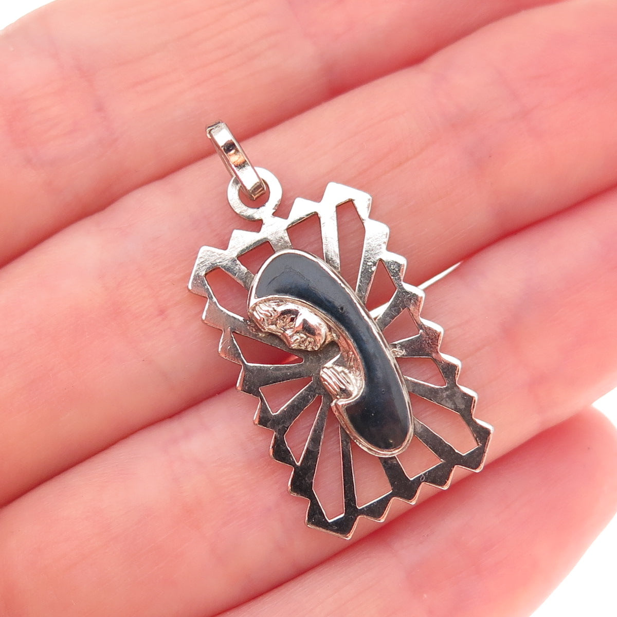 925 Sterling Silver Vintage Italy Enamel St. Mary Religious Charm Pendant