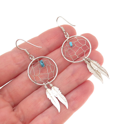 Old Pawn 925 Sterling Silver Vintage Turquoise Dreamcatcher Dangle Earrings