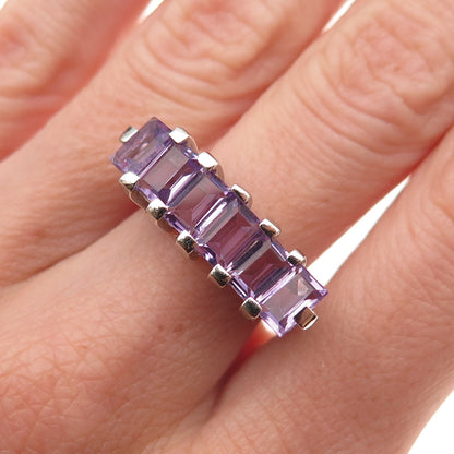 Ken Crafts 925 Sterling Silver Vintage Real Emerald-Cut Amethyst Ring Size 7