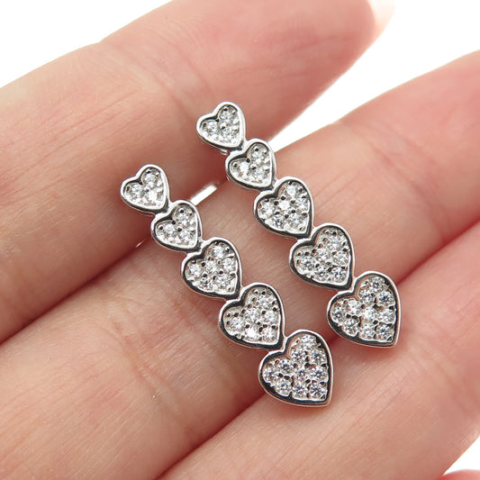 925 Sterling Silver Round-Cut C Z Graduated Heart Link Drop Earrings