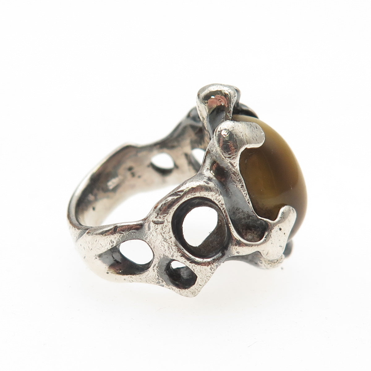 925 Sterling Silver Vintage Real Tiger Eye Modernist Oxidized Ring Size 3