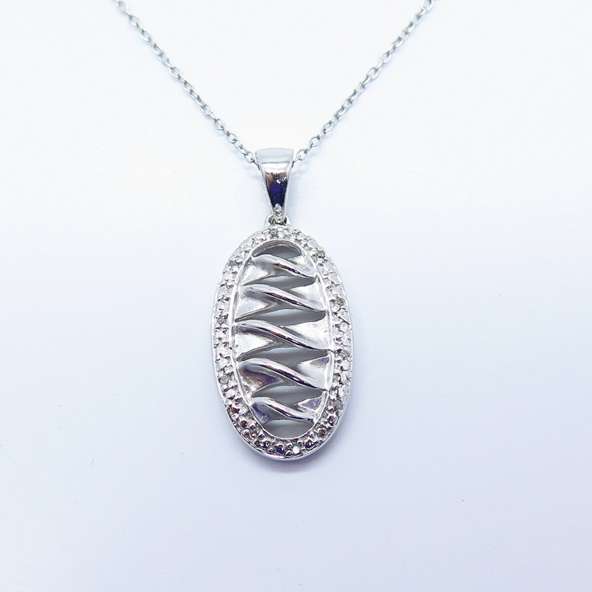 925 Sterling Silver Real White Diamond Oval Twisted Rolo Chain Necklace 16"