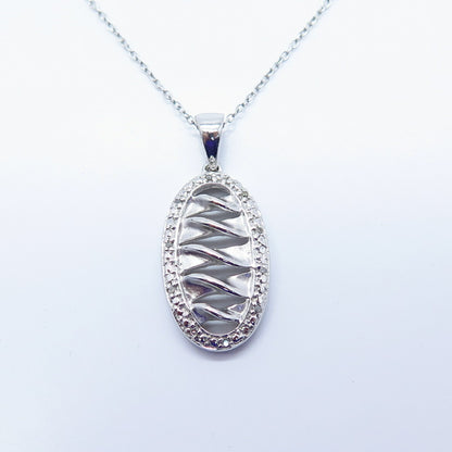 925 Sterling Silver Real White Diamond Oval Twisted Rolo Chain Necklace 16"